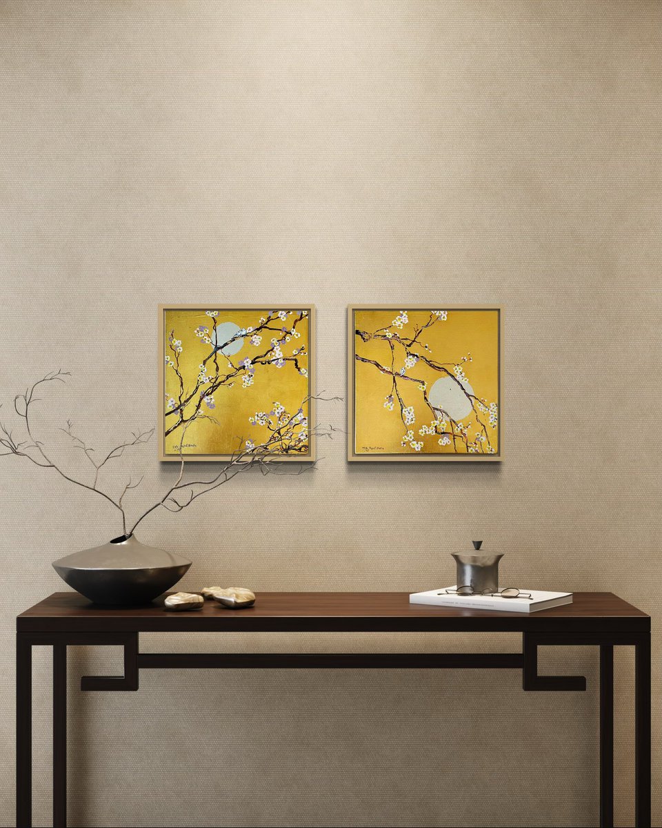 A golden diptych of blooming branches and delicate birds under a silver moon, painted with acrylic and gold leaf.
Each piece glows
with warmth, elegance, and timeless charm.
Available <a href="/SaatchiArt/">Saatchi Art</a> 🔗Link in bio

#GoldLeafArt #LuxuryInteriors #ContemporaryArt
#ArtCollectors