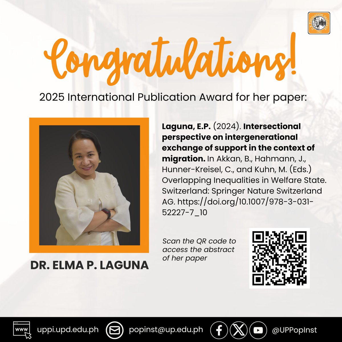 Congrats to Dr. Elma Laguna and Dr. Grace Cruz for their International Publication Awards! Using the data from the Longitudinal Study of Ageing and Health in the Philippines, their research addresses issues related to SDG 3: Good Health &amp; Well-being.