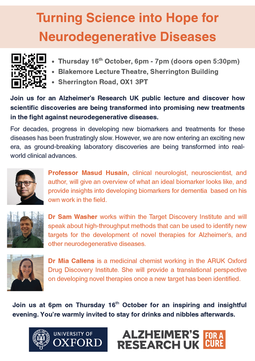 Sophie L. Farrow (@sophiefarrow2) on Twitter photo 🧠✨ Join us in Oxford for an <a href="/ARUKThamesV/">ARUK Thames Valley Network</a> public lecture — an evening exploring groundbreaking research and future therapies for Neurodegenerative Diseases.
📅 Thu, 16 Oct 2025 | 18:00
🔗 eventbrite.co.uk/e/turning-scie…
<a href="/ARUKscientist/">Research at ARUK</a> <a href="/OxfordDPAG/">Department of Physiology Anatomy & Genetics (DPAG)</a> #dementia #research #translation 🧠✨ Join us in Oxford for an <a href="/ARUKThamesV/">ARUK Thames Valley Network</a> public lecture — an evening exploring groundbreaking research and future therapies for Neurodegenerative Diseases.
📅 Thu, 16 Oct 2025 | 18:00
🔗 eventbrite.co.uk/e/turning-scie…
<a href="/ARUKscientist/">Research at ARUK</a> <a href="/OxfordDPAG/">Department of Physiology Anatomy & Genetics (DPAG)</a> #dementia #research #translation