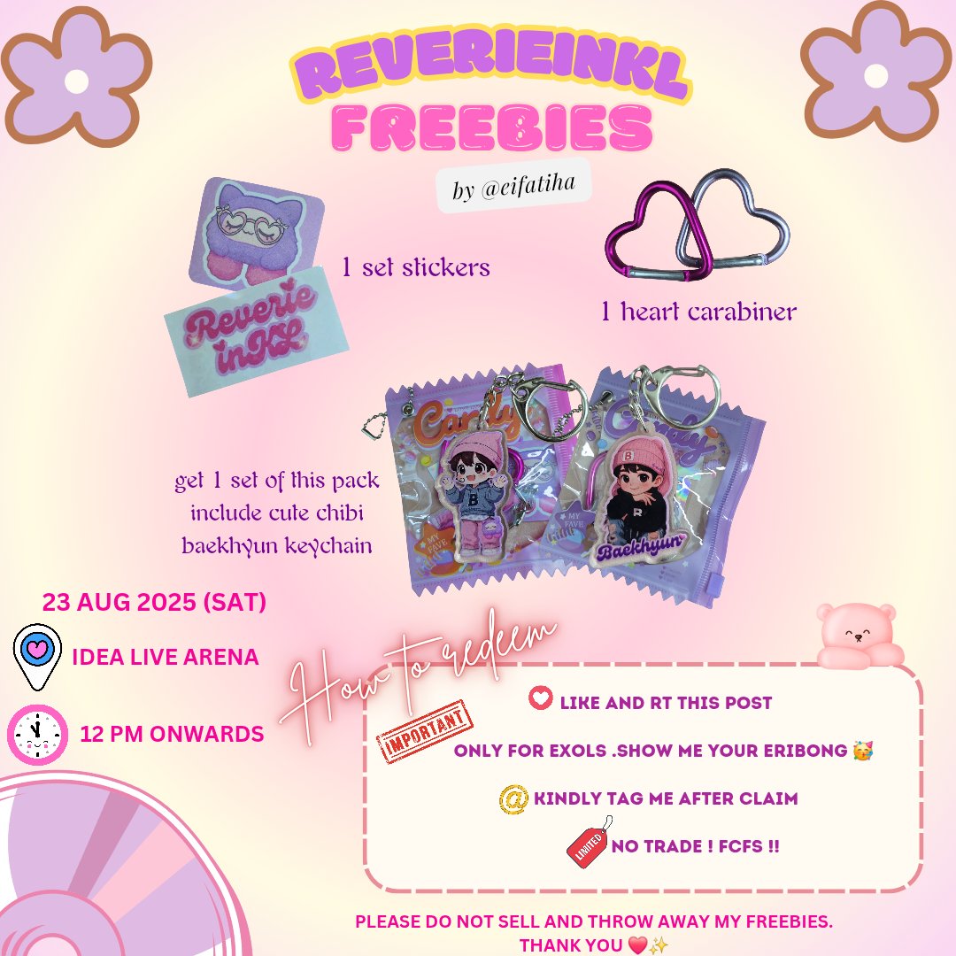 FREEBIES HERE🩷
🔜 🍓REVERIE IN KL FREEBIES

Hi 👋 i will be giving this freebies at REVERIE in KL . More information will be updated later under this post. Do come &amp; claim this🫶❤️ c u EXO-Ls😙
Make sure u are EXOLs oke!🫰
NO TRADE(CLOSED) FCFS!✨️

#ReverieinKL #BAEKHYUNinKL