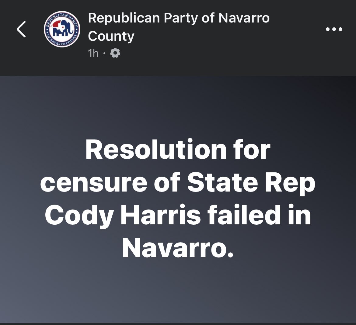 The Navarro County GOP just posted this about its consideration of a censure against <a href="/CodyHarrisTX/">Cody Harris</a> tonight, which follows the SREC’s lege task for report finalized over the weekend. #txlege