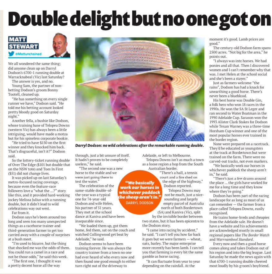 This week’s Winning Post column; Dodson’s 6700-1 running double, celebrates in true Dodson style.
