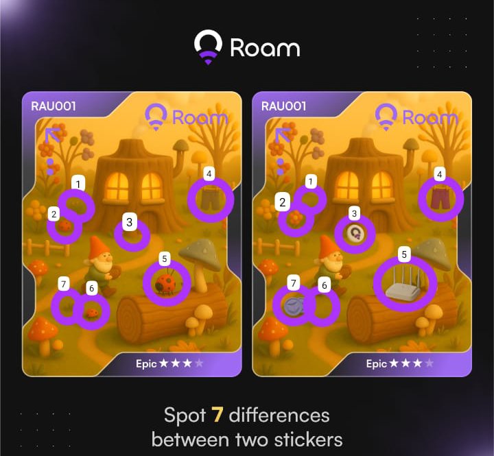 AirdropWeb3_xyz's tweet photo. @weRoamxyz Here are 7 differences that I've marked. This is a fun game #Roamers 
My ref code: 56775850 https://t.co/nkIWpdEGWG