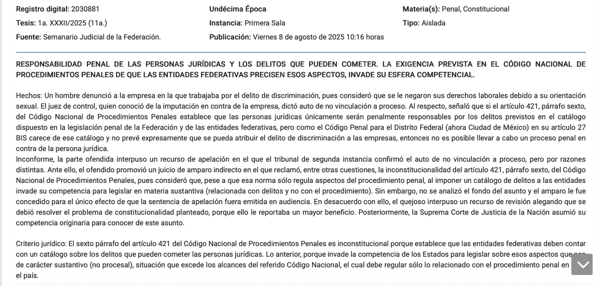 NO HAY NECESIDAD DE UN CATÁLOGO DE DELITOS PARA PERSONAS JURÍDICAS EN LAS ENTIDADES FEDERATIVAS

Antes de ser defenestrada, la Primera Sala de la SCJN nos regaló un primer -y único- precedente en materia de responsabilidad penal de personas jurídicas, en donde señaló algo que