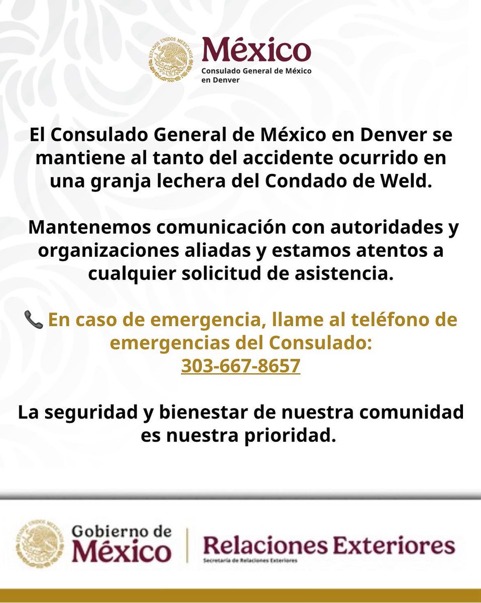 ConsulMexDen's tweet photo. @ConsulMexDen se mantiene al tanto del accidente ocurrido en una granja lechera del Condado de Weld.
Mantenemos comunicación con autoridades y organizaciones aliadas y estamos atentos a cualquier solicitud de asistencia.📞 Emergencias:
303-667-8657 https://t.co/OIZEmMhkuH