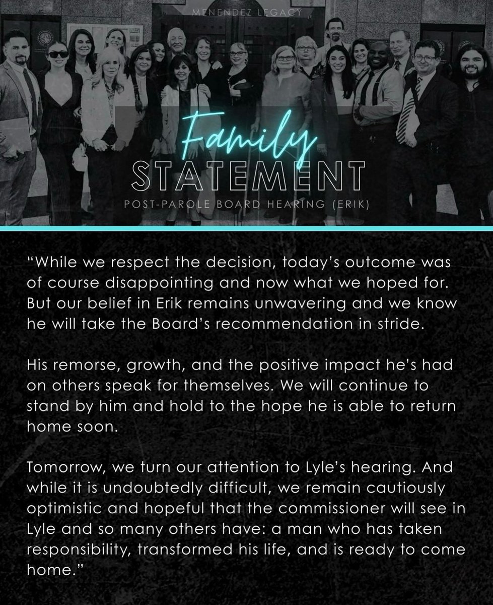menendezsource's tweet photo. Hi guys! Here’s a statement from Menendez/Anderson family regarding the hearing for Erik today. 

Credits to @MenendezLegacy https://t.co/m1feuFo7QU