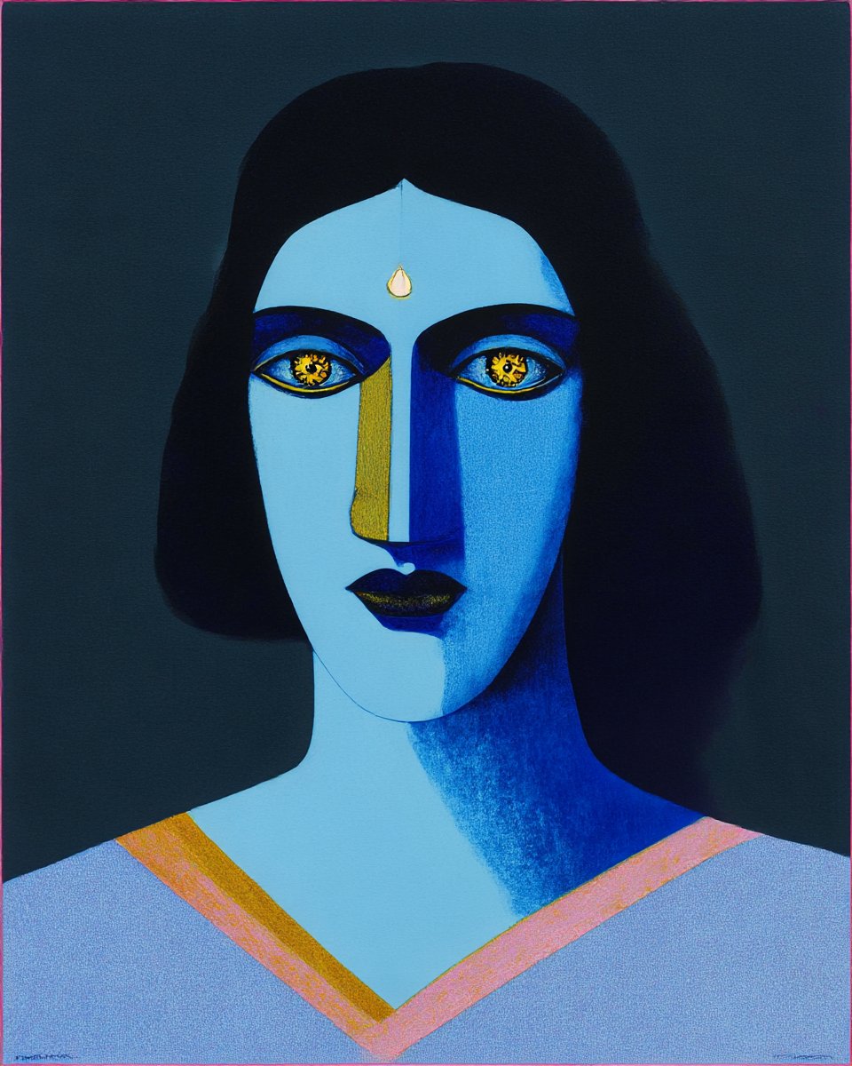 aiartandminds's tweet photo. "Stillness of The Blue Moai" (2025) #midjourney #aiart #art #easterisland #bluegods #moai #neosymbolism #thirdeye
This work portrays a timeless face that merges human form with spiritual archetype. The deep blue skin recalls divine figures in Indian tradition, while the glowing golden eyes suggest inner fire and expanded vision. A single drop at the forehead evokes the awakened third eye.
Influences span cultures and centuries: the monumental stillness of the Easter Island moai, the sacred presence of Byzantine icons, and the simplified spiritual portraits of modern Neo-Symbolist artists. Together, they affirm the figure as more than an individual—an embodiment of ancestral wisdom and the enduring essence of the spiritual human being.