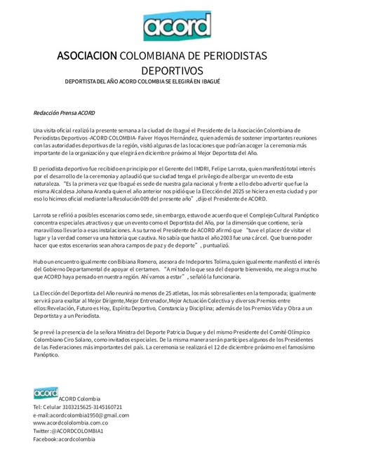 En el 2025, ACORD COLOMBIA y ACORD TOLIMA, entregarán los galardones a los mejores del año, en la Ciudad Musical. 
DEPORTISTA DEL AÑO, en Ibagué:
DEPORTISTA TOLIMENSE DEL AÑO ACORD TOLIMA 2025 – Diciembre 5.
CEREMONIA DEL DEPORTISTA DEL AÑO ACORD COLOMBIA 2025 – Diciembre 12.