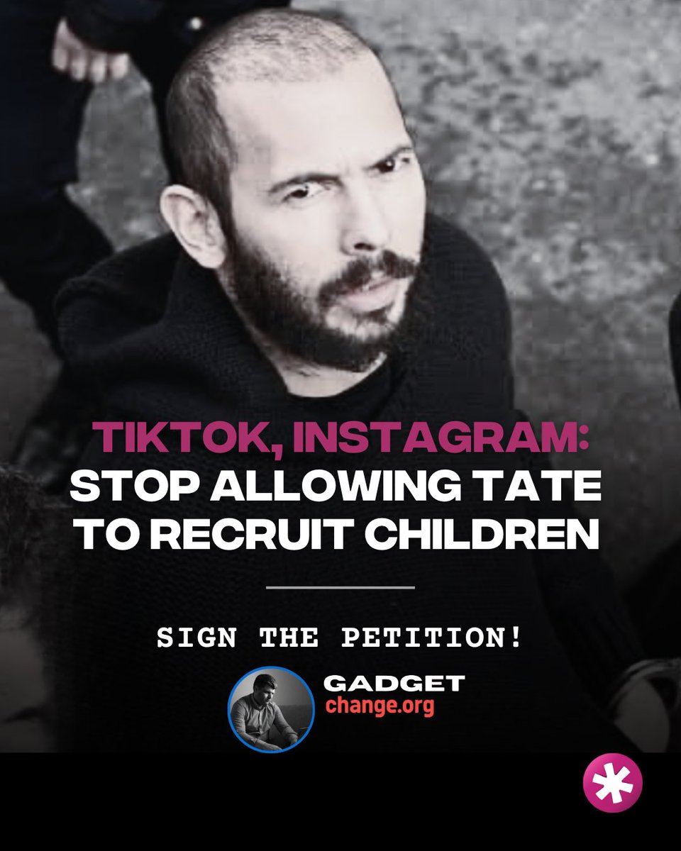 Social media platforms are enabling <a href="/Cobratate/">Andrew Tate</a> to recruit children into their misogynistic, exploitative empire. 

We’re backing <a href="/Gadget44027447/">Gadget</a>'s petition calling on TikTok &amp; Instagram to remove Andrew Tate - permanently.

Sign and share here: chng.it/5mZmZmZd9j