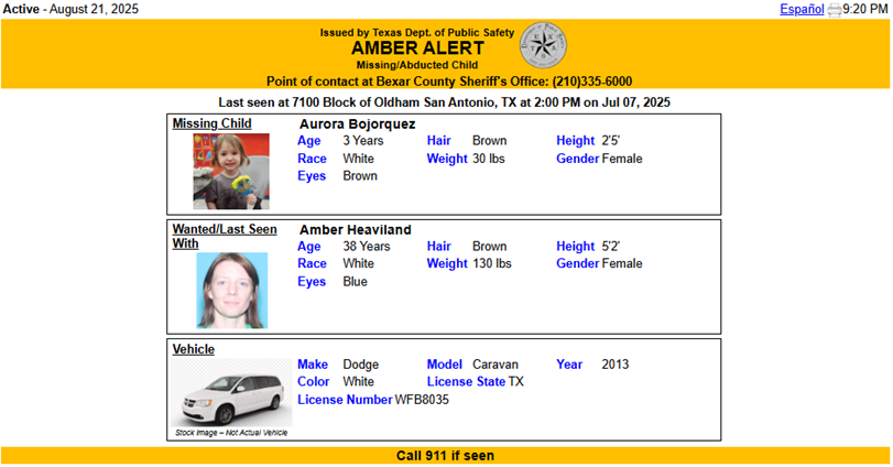 ACTIVE STATEWIDE AMBER ALERT for Aurora Bojorquez from San Antonio, TX, on 08/21/2025, Texas plate WFB8035.