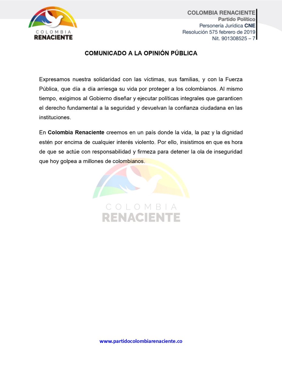🚨 Basta de violencia: desde el Partido Colombia Renaciente rechazamos los atentados en Cali y Antioquia que enlutan al país. Exigimos al Gobierno Nacional acciones firmes y estructurales para recuperar la seguridad, proteger la vida y devolver la confianza ciudadana.