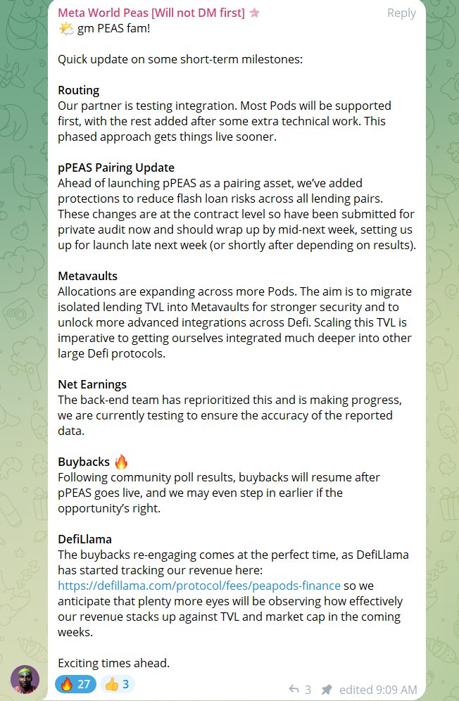 > Routing turns <a href="/PeapodsFinance/">Peapods Finance</a> from a volatility farming protocol into the single largest source of liquidity in crypto  
> TVL and price will 100x  
> Position accordingly