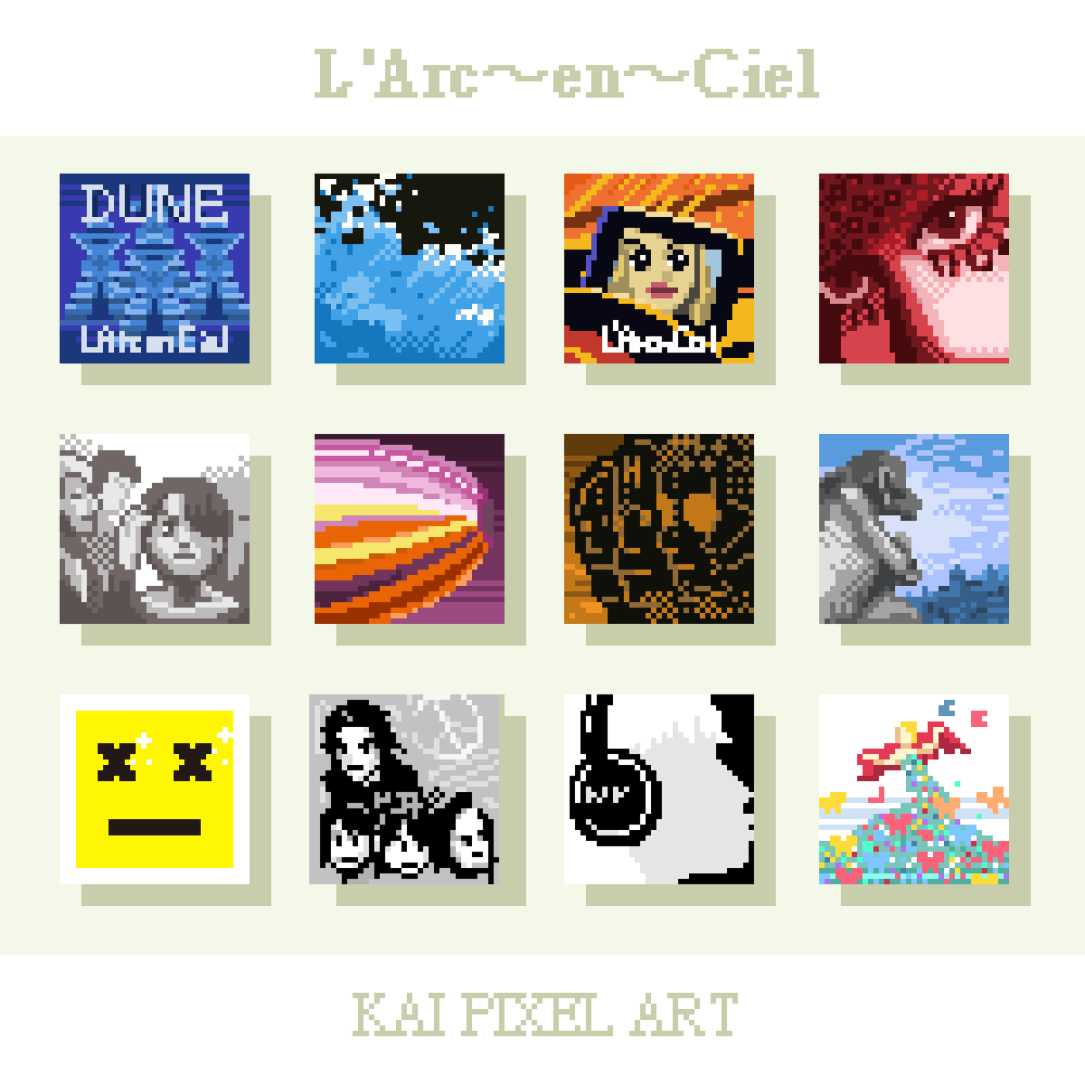 35×35pixelで描くラルクのアルバムドット絵です
ラルクは僕の一生推しです
#hyde 
#LArcenCiel 
#ラルク