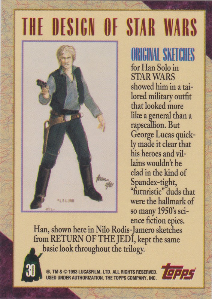 AustinGorton's tweet photo. Card #030: Original Sketches
The way these cards are just titled based on the first words of the cardback text is weird.
Also weird? Han without a vest or jacket.
#TradingCardADay #SWG1 #StarWars #NiloRodisJamero #DesignofStarWars #ReturnOfTheJedi #HanSolo https://t.co/mZWgIJ19Tq