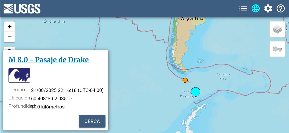 ❗️Terremoto mayor. M 8.0 en el Paso Drake, que separa Sudamérica y la Antártida. Se ha emitido una vigilancia de tsunami. Es el segundo terremoto que marca los 8 este año, en menos de un mes. #earthquake