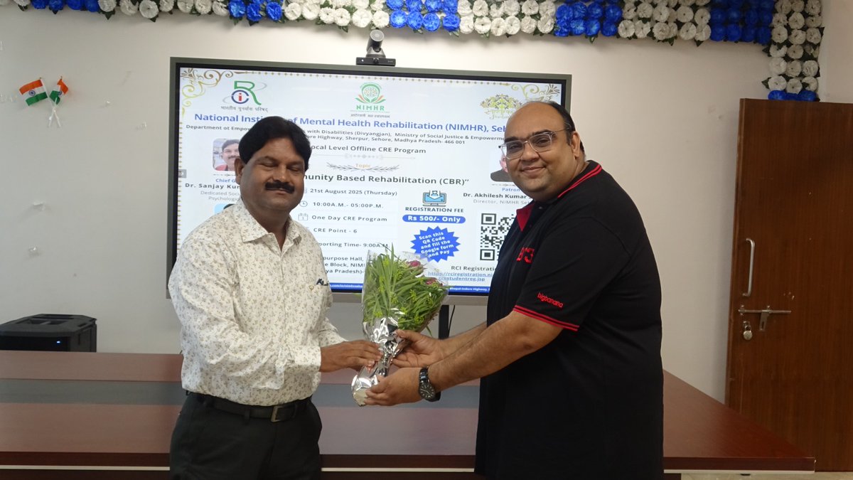 <a href="/nimhrsehore/">NIMHR Sehore</a> conducted an RCI approved one day offline CRE on Community Based Rehabilitation. The program was coordinated by Mr Ram Kumar Nagar and inaugrated by Dr Sanjay Sharma, EC Member NIMHR.
<a href="/socialpwds/">Divyang Empowerment</a>
<a href="/MSJEGOI/">Ministry of Social Justice & Empowerment, GOI</a>
#RCI #communitybasedrehab #MentalHealthAwareness #CRE