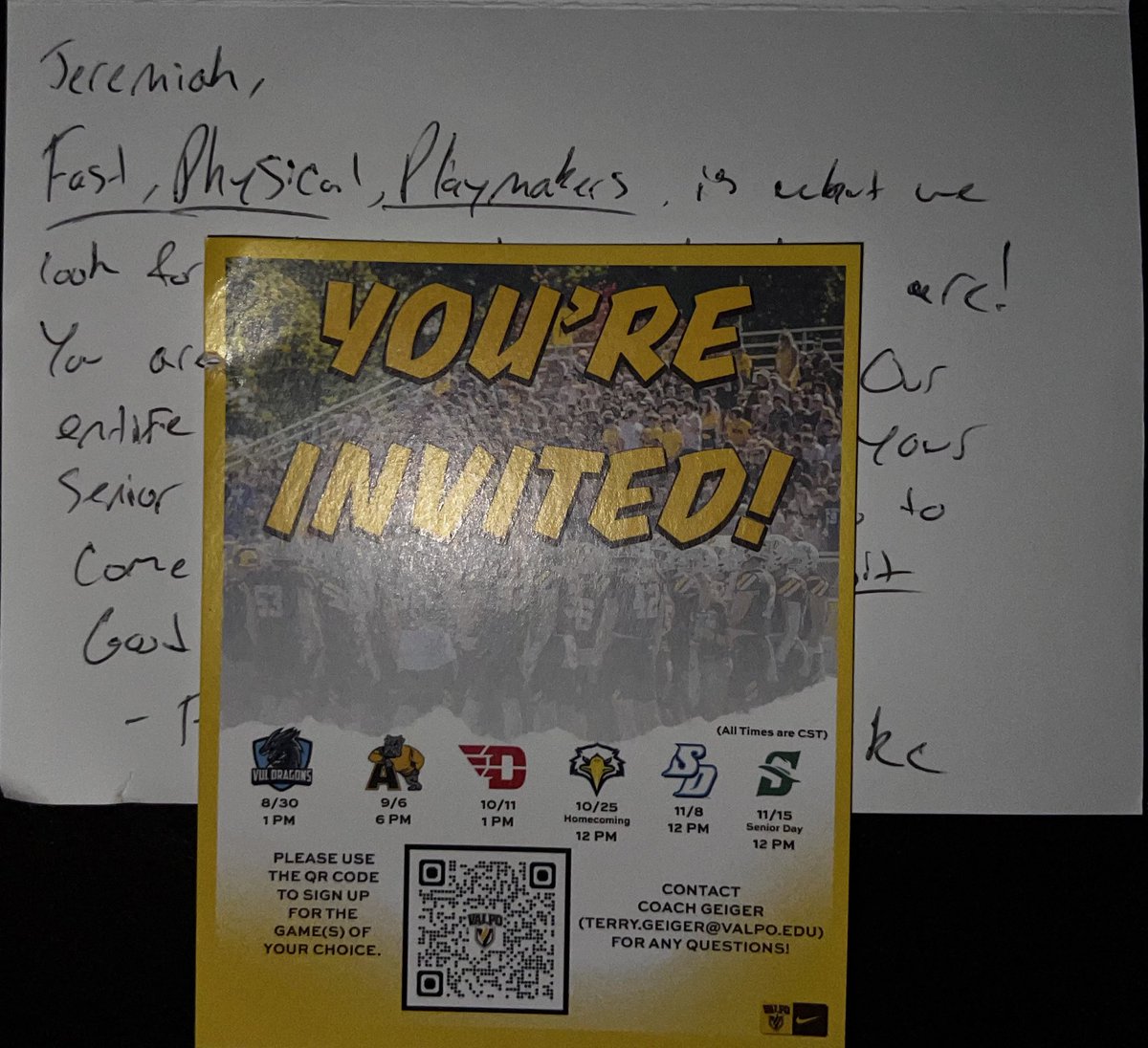 Jeremiah Arevalos (@jeremiahar78885) on Twitter photo Very blessed to be receiving a good luck letter and be invited to go out and visit one of their games, from Valparaiso University. <a href="/ValpoU/">Valparaiso University</a> <a href="/Coach_RJG/">RJ Ghilarducci</a> <a href="/_MichaelJoseph_/">Coach Mike Jo</a> <a href="/Coach_Graves7/">Coach Graves</a> Very blessed to be receiving a good luck letter and be invited to go out and visit one of their games, from Valparaiso University. <a href="/ValpoU/">Valparaiso University</a> <a href="/Coach_RJG/">RJ Ghilarducci</a> <a href="/_MichaelJoseph_/">Coach Mike Jo</a> <a href="/Coach_Graves7/">Coach Graves</a>