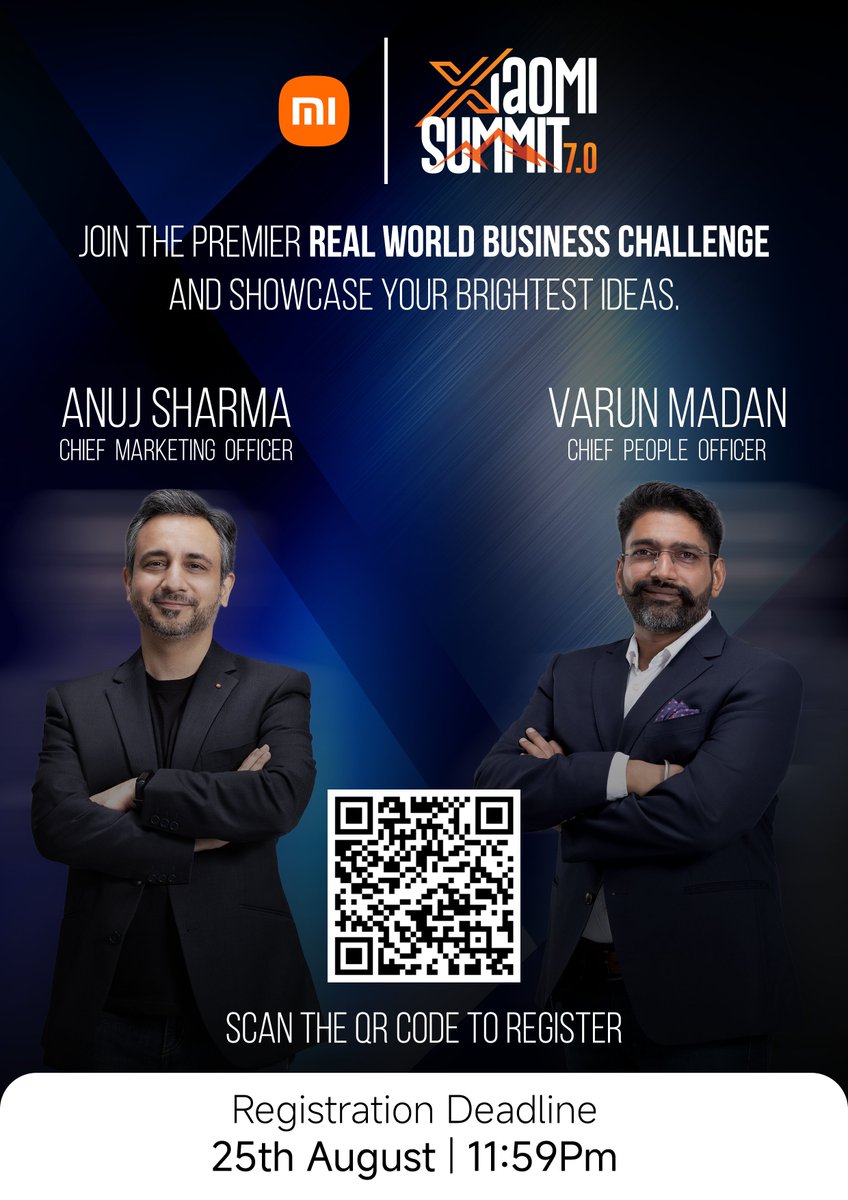 🚀Excited to announce that Xiaomi Summit 7.0 is live!  Our flagship B-School case study competition is back to engage with India’s brightest minds and co-create the future of tech and innovation.
Participants stand a chance to win ₹2 Lakhs (1st place) and ₹1 Lakh (runner-up)