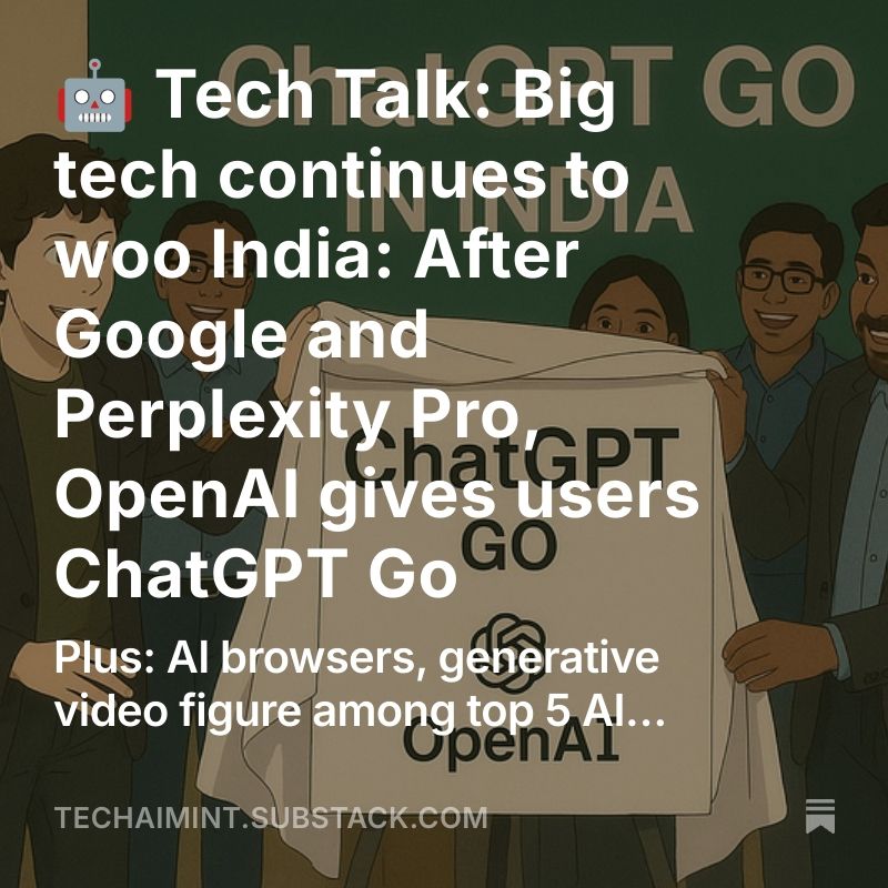 In today's edition of Tech Talk, <a href="/ldmonte/">Leslie D'Monte</a> writes about:

🇮🇳 Big Tech woos India: ChatGPT Go arrives
🔮 Top 5 AI predictions: AI browsers, gen video 🎥
📉 Why most AI pilots fail
🛠️ Tool: Learning sims with GPT-5

And more!

Read and subscribe here:
open.substack.com/pub/techaimint…