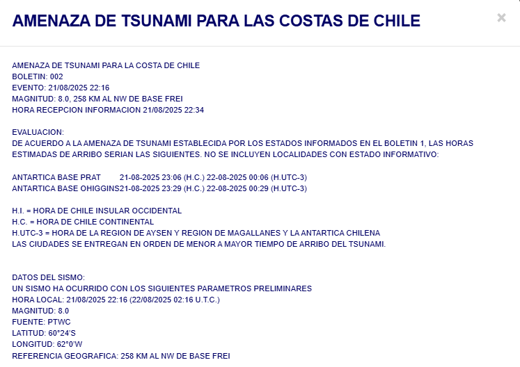 AlvaroMolinaCL's tweet photo. 22:55 h | #AHORA #SISMO SHOA en boletín 2 informa horas de arribo de tsunami para #BasePrat y #BaseOHiggins en Territorio Antártico Chileno, que se encuentran en Estado de Precaución debido a sismo de magnitud 8.0 con epicentro a 258 km al noroeste de #BaseFrei https://t.co/LvidfGgY0z
