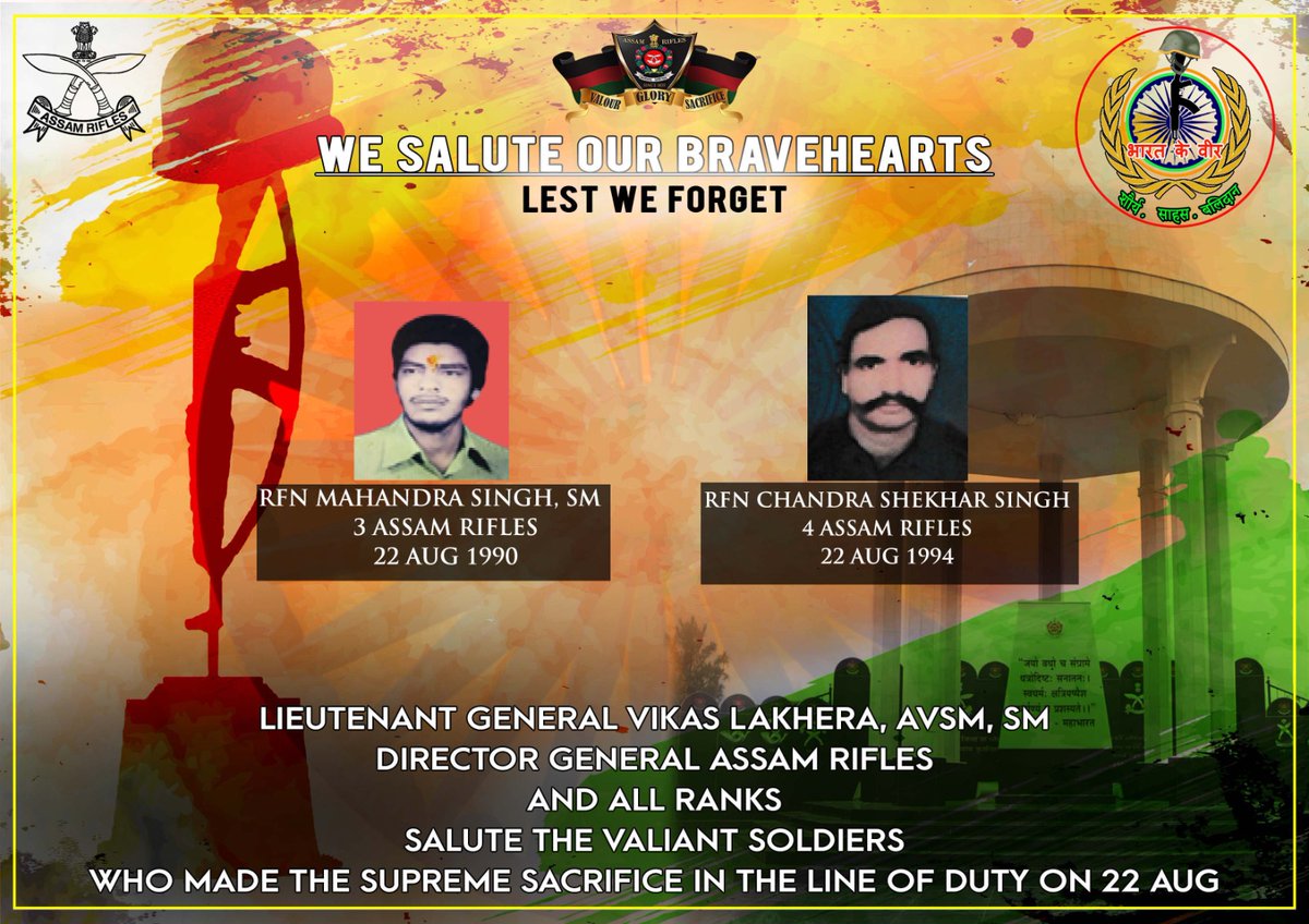 Lieutenant General Vikas Lakhera, AVSM, SM, Director General of #AssamRifles &amp; all ranks, salute the valiant soldiers who made the supreme sacrifice in the line of duty on 22 Aug.

#SaluteToMartyrs #HonourTheFallen #RememberingOurHeroes #MartyrsOfIndia #ForeverInOurHearts