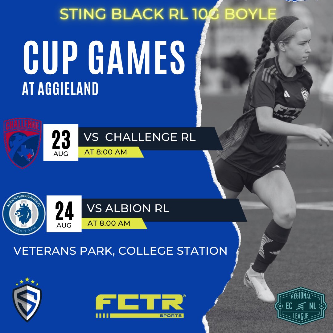 stingblkRL_10G's tweet photo. 🚨GAME ALERT 🚨. We are headed down to College Station to compete in our opening Conference Cup games to kick off the 2025-26 season!!

📆 Saturday, 8/23 vs Challenge at 8am

📅 Sunday 8/24 vs Albion at 8am

#stingblackecnlrl10g #stingblackrl #brightblack #wearesting https://t.co/s7RpNsbqlV