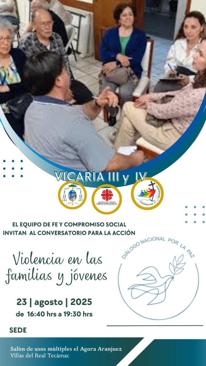 El equipo de Fe y Compromiso Social, te invitan al Conversatorio para la acción: Violencia en las familias y jóvenes.

Un espacio para reflexionar y actuar frente a una de las problemáticas más urgentes en nuestras comunidades. 
 #DiálogoNacional