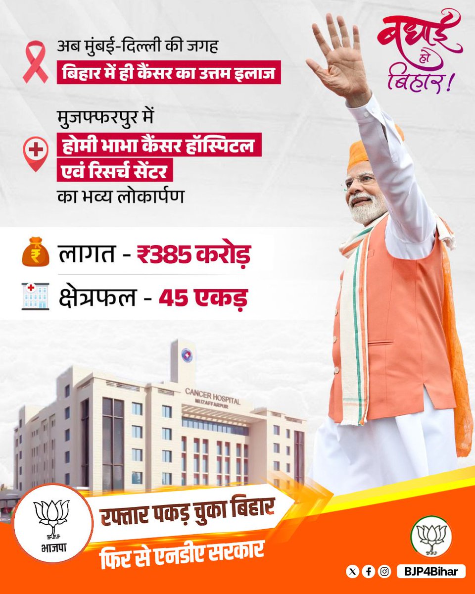 मुजफ्फरपुर के होमी भाभा कैंसर अस्पताल का पीएम मोदी करेंगे उद्घाटन, अब बिहार और पड़ोसी राज्यों के कैंसर मरीजों को घर के पास ही आधुनिक सुविधाओं वाला बड़ा रेडियोथेरेपी सेंटर मिलेगा!

#एनडीए_का_नया_बिहार
