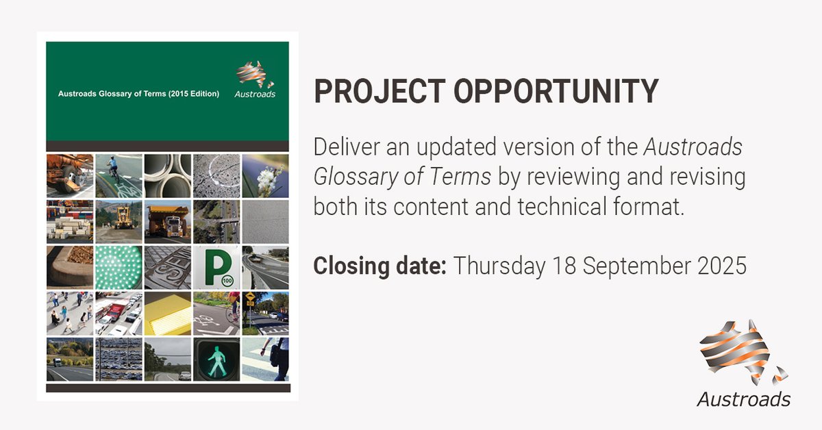 #Austroads is inviting proposals for a project to review, update and integrate the Austroads Glossary of Terms, ensuring it reflects current industry language and practices. Tender closes 18 September 2025.
Apply and subscribe to the Tenders newsletter: austroads.gov.au/tenders