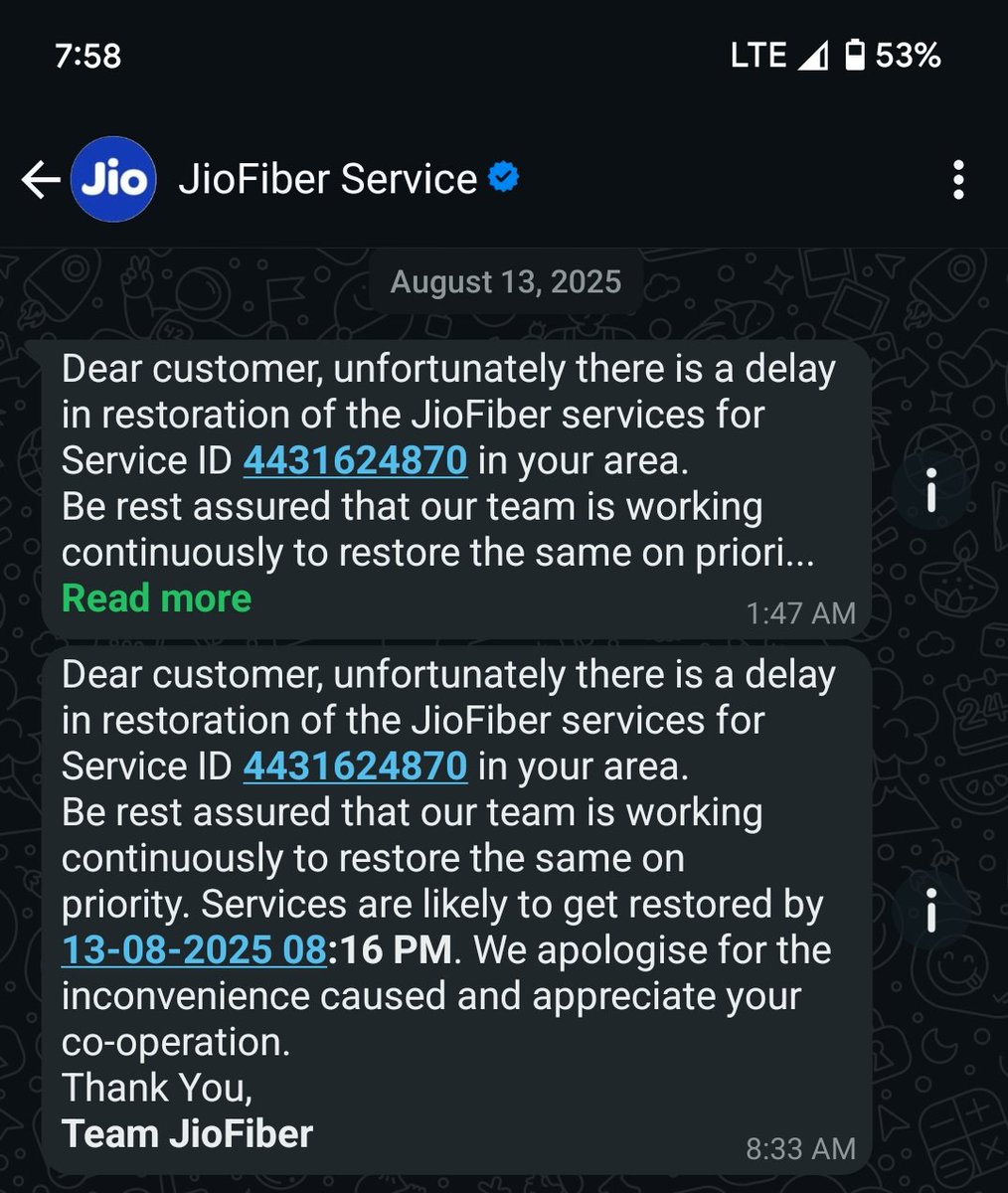DDS_centi's tweet photo. @JioCare @reliancejio @TRAI @DoT_India @jagograhakjago
#JioFiber in Chennai = nightmare. Day 1 outage. 17th Jul 7+ hrs outage. Since 13th Aug — 10 DAYS NO INTERNET. No engineers, fake escalations, no refund. I am distressed &amp; frustrated. I demand a refund.
#JioFiberDown https://t.co/CBFvZN6hXk