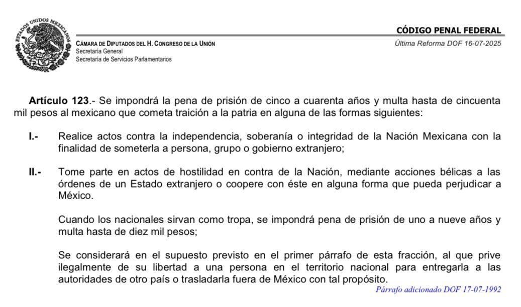 Alexandra Huerta Rojo (@alexndrahuerta) on Twitter photo Artículo 123 del Código Penal Federal: pedir intervención extranjera es traición a la patria.
Ya sabíamos en dónde ibas a terminar <a href="/LillyTellez/">Lilly Téllez</a> . Jamás lo dudamos. ☺️ Artículo 123 del Código Penal Federal: pedir intervención extranjera es traición a la patria.
Ya sabíamos en dónde ibas a terminar <a href="/LillyTellez/">Lilly Téllez</a> . Jamás lo dudamos. ☺️