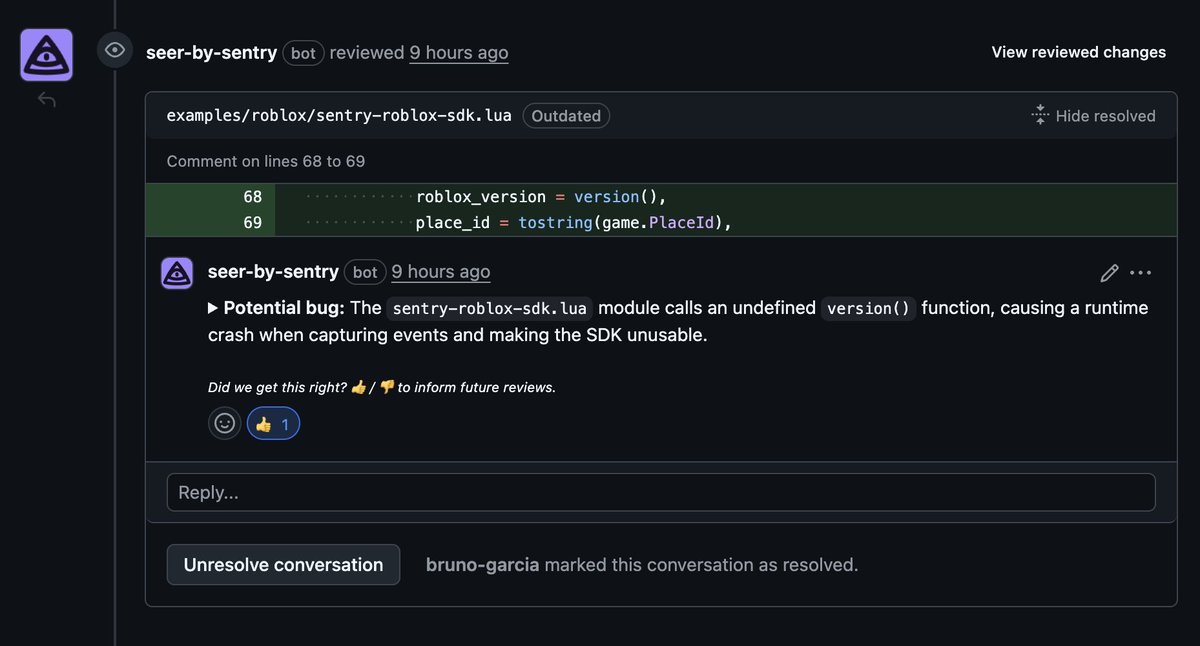 brungarc's tweet image. During #hackweek I also got to see @getsentry&apos;s Seer in action spotting a bug on my #Lua SDK.

Turns out it was indeed broken, and more surprising yet, Seer knows Lua?! Cool.
