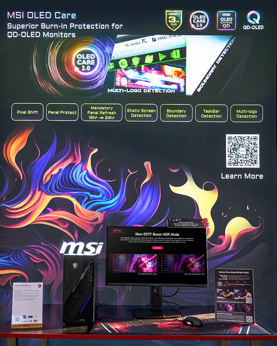 msigaming's tweet image. Level up your visuals, power up your game. 🚀
The MSI QD-OLED series just got brighter and more reliable:
✅ EOTF Boost HDR Mode
✅ 24-hour OLED Refresh Protection
✅ Zero burn-in after a 3-year test

Explore more👉msi.gm/QD-OLED_series

#IntoTheFuture #GamingMonitor