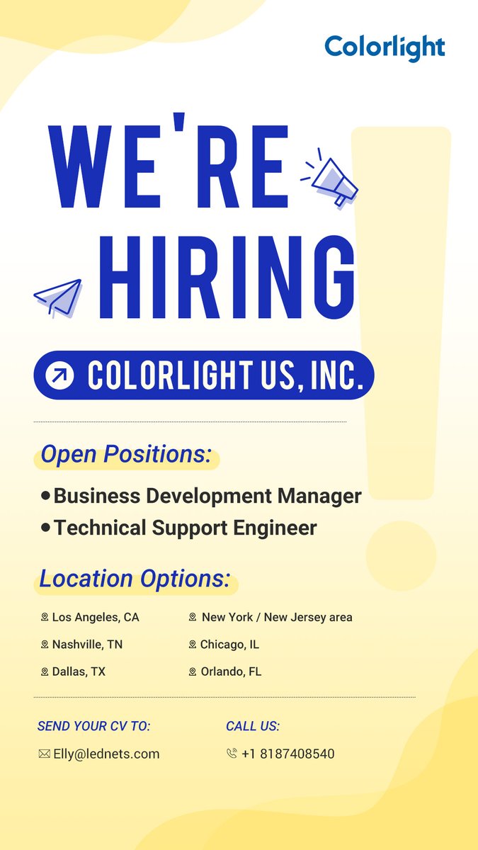 colorlightcloud's tweet image. 🔥 Colorlight is hiring in the USA!

Join a global leader in LED control systems and be part of the future of visual technology. We’re looking for passionate #BusinessDevelopmentManager and #TechnicalSupportEngineer to drive innovation and success.

#ColorlightUS #Hiring