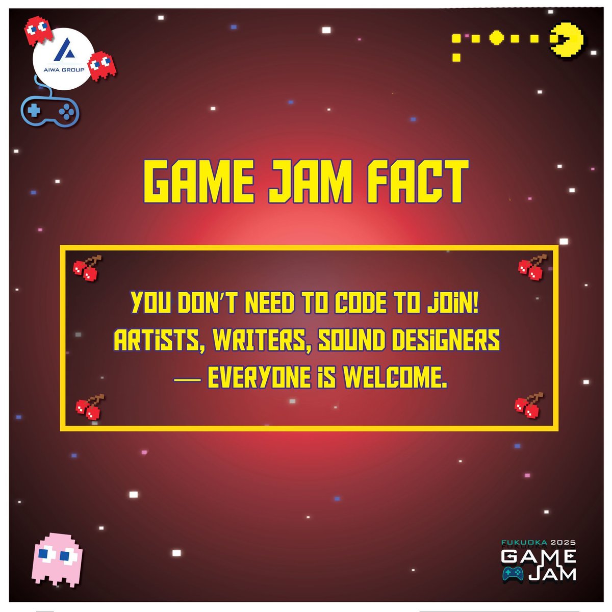 ゲームジャム豆知識：
プログラミング不要！アーティストやサウンド担当も大歓迎。🎮

#FukuokaGameJam #GameJamFacts #GameDev #ゲームジャム #ゲーム開発