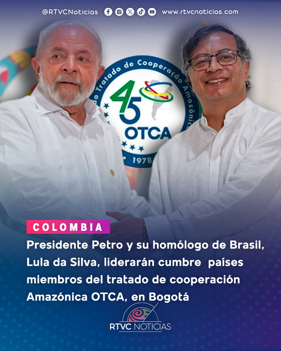 🌱 Hoy, el presidente de Colombia, <a href="/petrogustavo/">Gustavo Petro</a> junto a su homólogo de Brasil, <a href="/LulaOficial/">Lula</a> liderarán la V Cumbre de presidentes de los países miembros del tratado de cooperación Amazónica OTCA, en Bogotá.

Transmisión desde las 10 a.m. por: youtube.com/live/4g-GTt1lF…