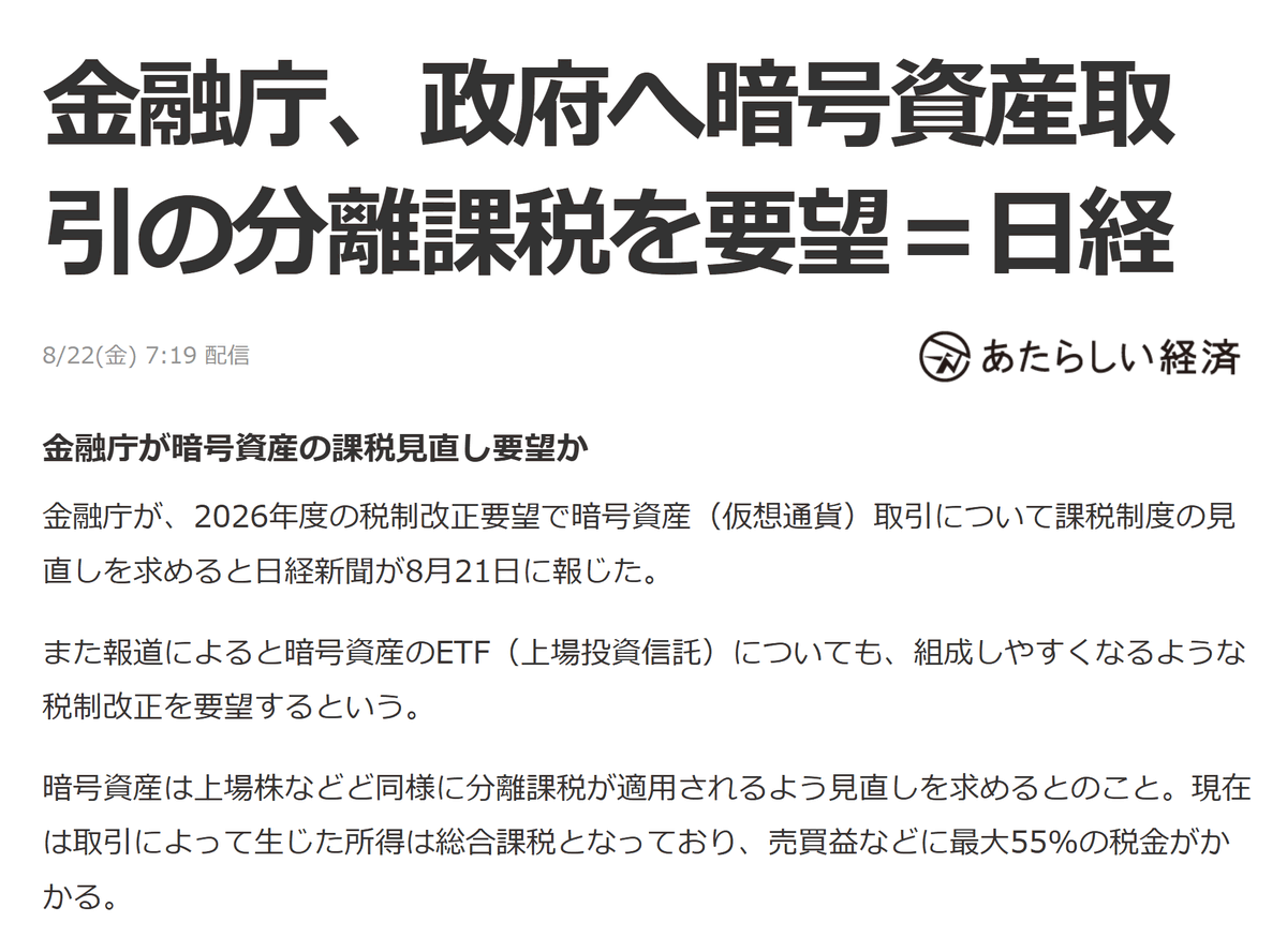 angorou7's tweet photo. 暗号資産の税率20%とビットコインETF実現の可能性が、さらに高まりました🚀

金融庁が日本政府に暗号資産の課税見直しを要望しました🏛️📜

暗号資産のETFについても、組成しやすくするような税制改正を要望しました。 https://t.co/8L4KoU1577