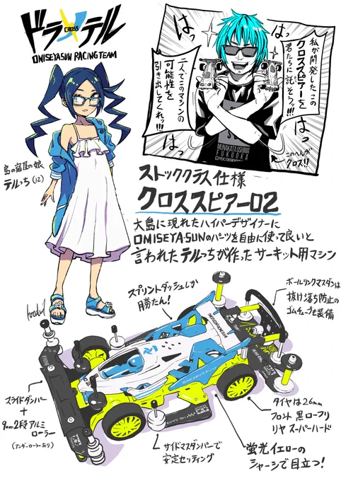 別時空の大島のテルっち(ジュニアレーサー)がハイパーデザイナーからもらったクロススピアー02をストッククラス仕様で作ったぞ👓

#OMISEYASUN のレースに参加だ🏎️

#ドラテル 
#ミニ四駆 