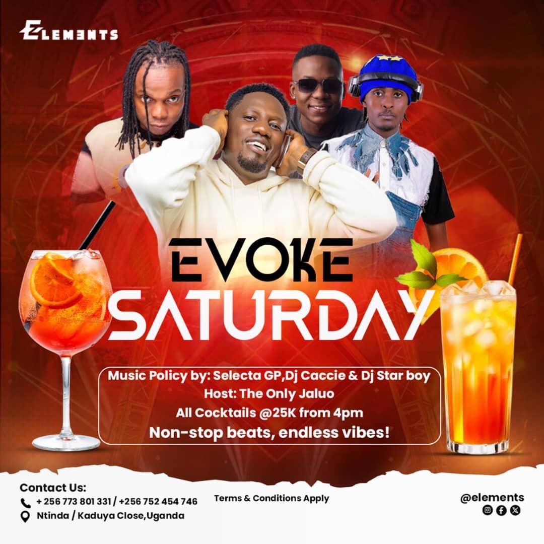 Come through this Saturday #EvokeSaturday #ElementsBarAndLounge 
<a href="/Deejaycacie256/">Deejay Cacie</a> 
<a href="/deejaystarboyug/">Deejaystarboy</a> 
#Ayeeya let's Party.