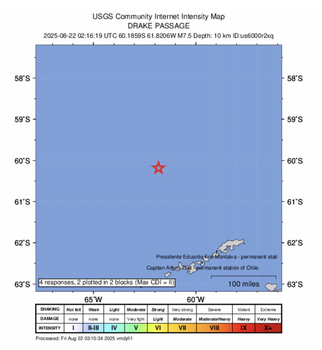 El Servicio Hidrográfico y Oceanográfico de la Armada de Chile (SHOA) emitió una alerta de tsunami para las costas del país sudamericano, luego del sismo de magnitud de entre 7.5 y 8, con una profundidad de 20 kilómetros en Magallanes, entre Chile y la Antártida.

Foto: USGS