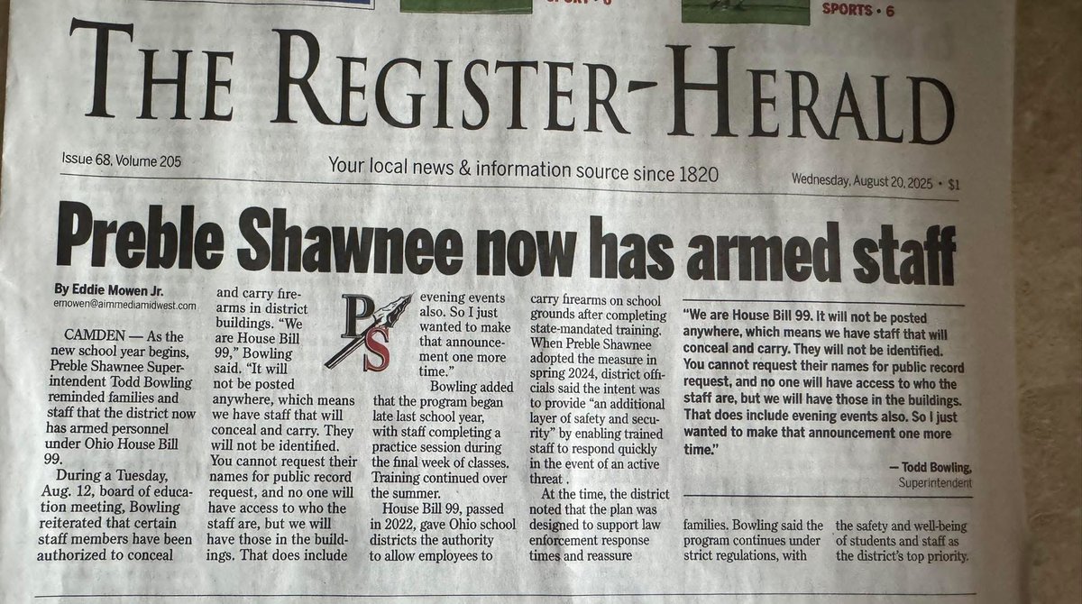In today's world, I believe it’s important to have armed teachers and staff… especially in rural counties. I was proud to vote yes and support HB-99 and I'm happy to see Preble Shawnee taking the lead on this. 🇺🇸