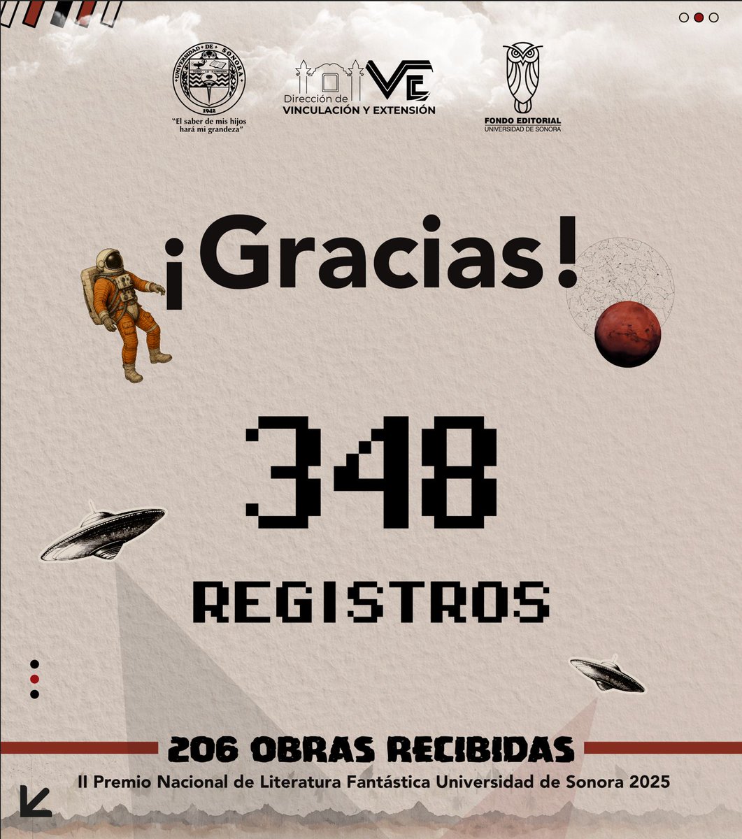 ¡Gracias a quienes participaron en la segunda edición del Premio Nacional de Literatura Fantástica Universidad de Sonora!

Estamos muy felices porque este año se duplicó la cantidad de obras recibidas.

¡Espera el veredicto del jurado! 🙌🏻