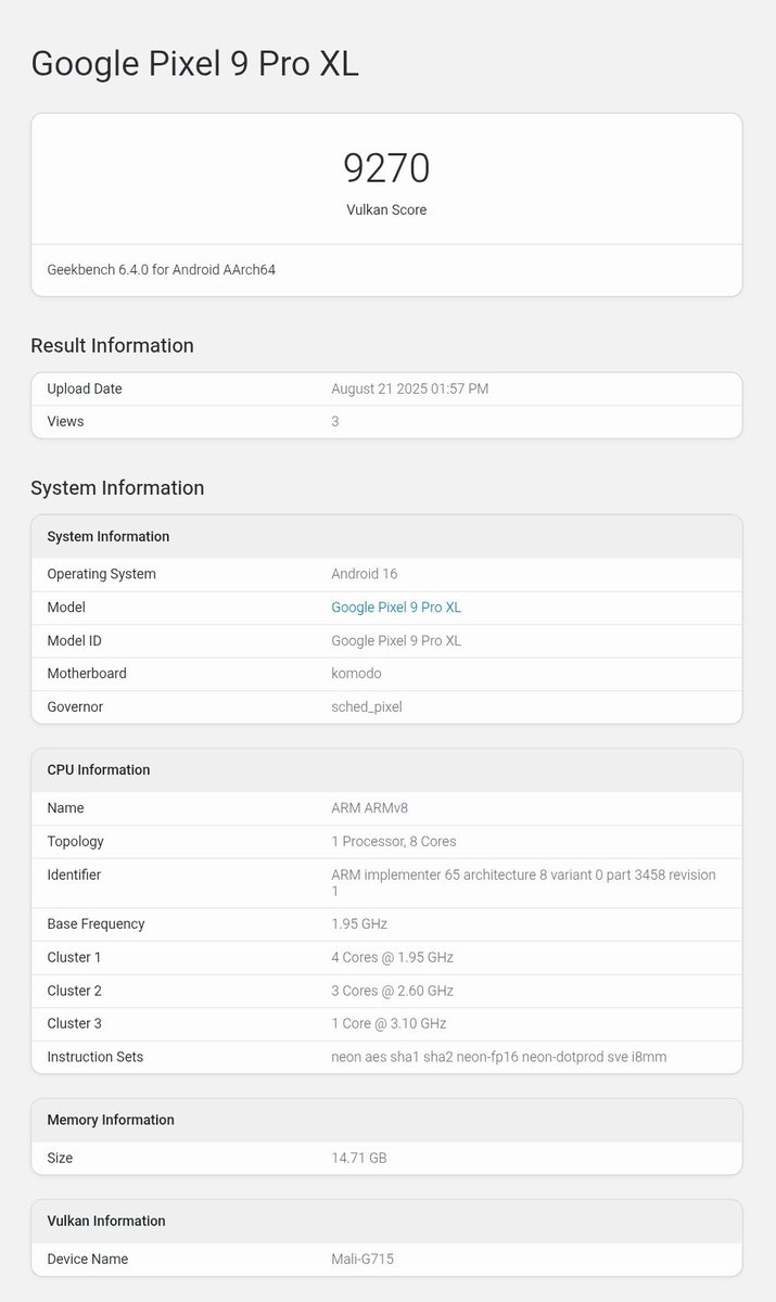 Pixel 10 Pro XL and Pixel 9 Pro XL Vulkan Score 
#Pixel10 #Pixel10ProXL