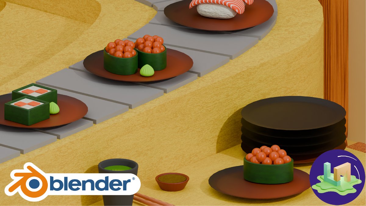 LStudio2000's tweet photo. "Watch your sushi spin!"
 Model &amp; animate a full sushi conveyor belt scene in Blender
 🍣 3 animation scenes
 🎓 Intermediate-level course
 🎯 Now on Udemy — Don’t miss it!
https://t.co/fE3FCaiQio

 #blender3d #sushimodel #3danimation #learnblender #udemycourse https://t.co/c1YLbLyuFk