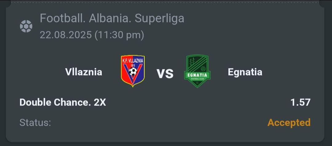 A3RBET's tweet image. 🔥 Albania Superliga

Vllaznia vs Egnatia 🇦🇱

My pick: Double Chance 2X  @ 1.57 odds

Confident in Egnatia’s away resilience with strong recent  form. Betting on DRAW/WIN for value

#Superliga #FootballBetting  #ValuePick #SoccerAnalysis #SportsBetting #AlbaniaFootball