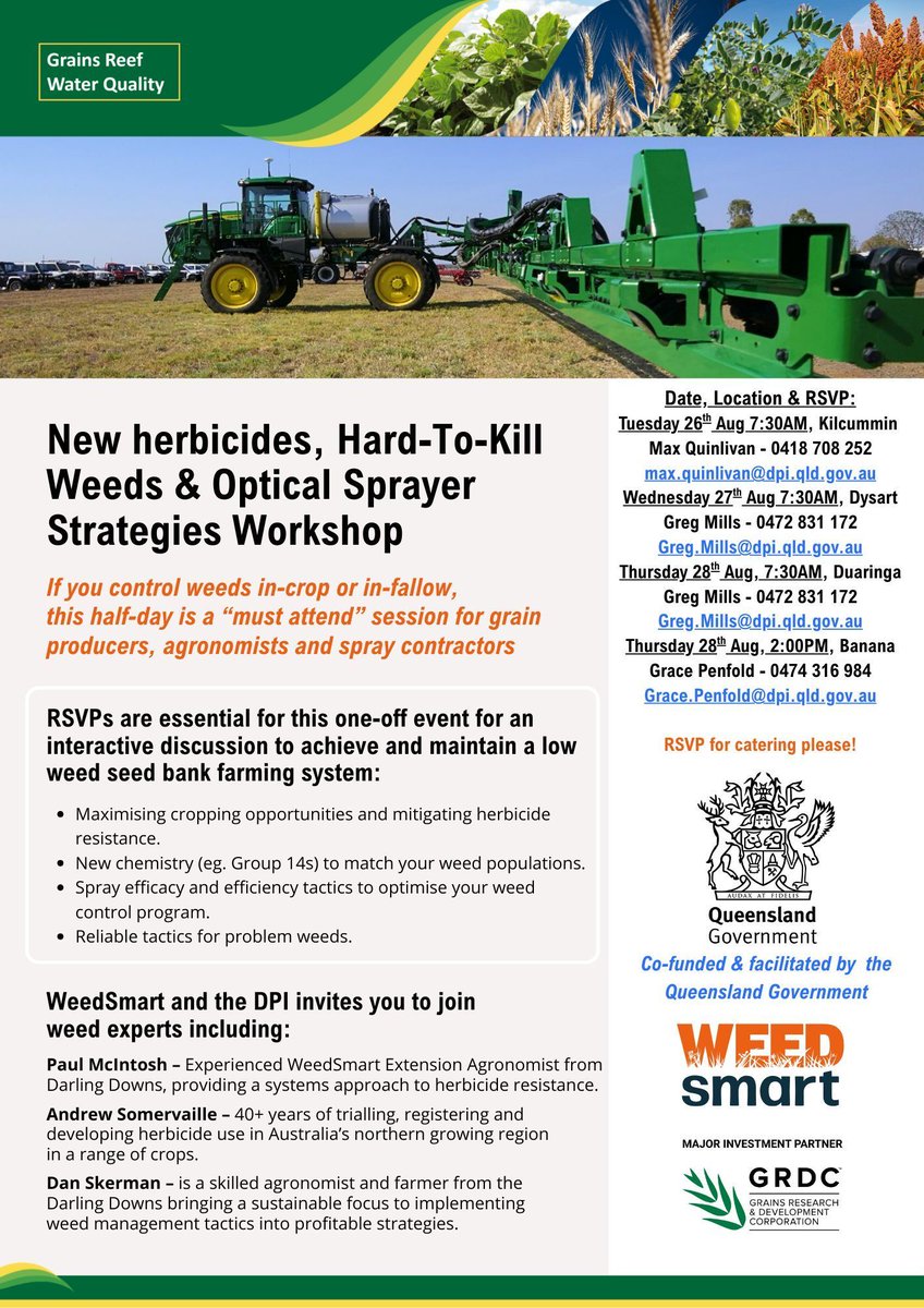 🌱 🚜 QLD Grain Growers, agronomists, spray contractors! 🌾 🚩 
Event season is here!! 

Catch-up next week 26th-28th Aug

#Kilcummin
#Dysart
#Duaringa
#Banana

Location times on flyer!
RSVP to DPI Qld

In-crop &amp; in-fallow 💲 weed control💲? 
#WeedSmart #Big6