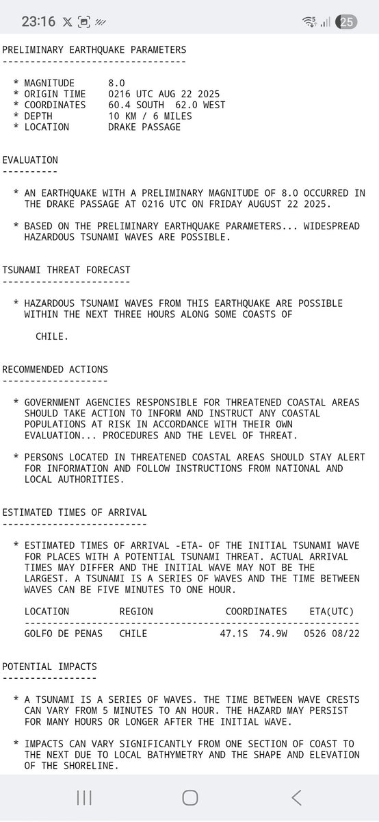 ESPECIGEST's tweet photo. 🚨 #Tsunami: Se declara Amenaza de Tsunami para el territorio Antartico Chileno tras terremoto de magnitud 7.6.
 
🔸️El Servicio Hidrográfico y Oceanográfico de la Armada de #Chile (SHOA) activó la amenaza de tsunami.

⚠️ El Servicio Nacional de Prevención y Respuesta ante Desastres (Senapred) hace un llamado a evacuar la zona de playa en el territorio antártico.

#EG #Georiesgos #Temblor #Terremoto #hoy #urgente #earthquake #quake #Jishin #SePreventivo #SeResiliente