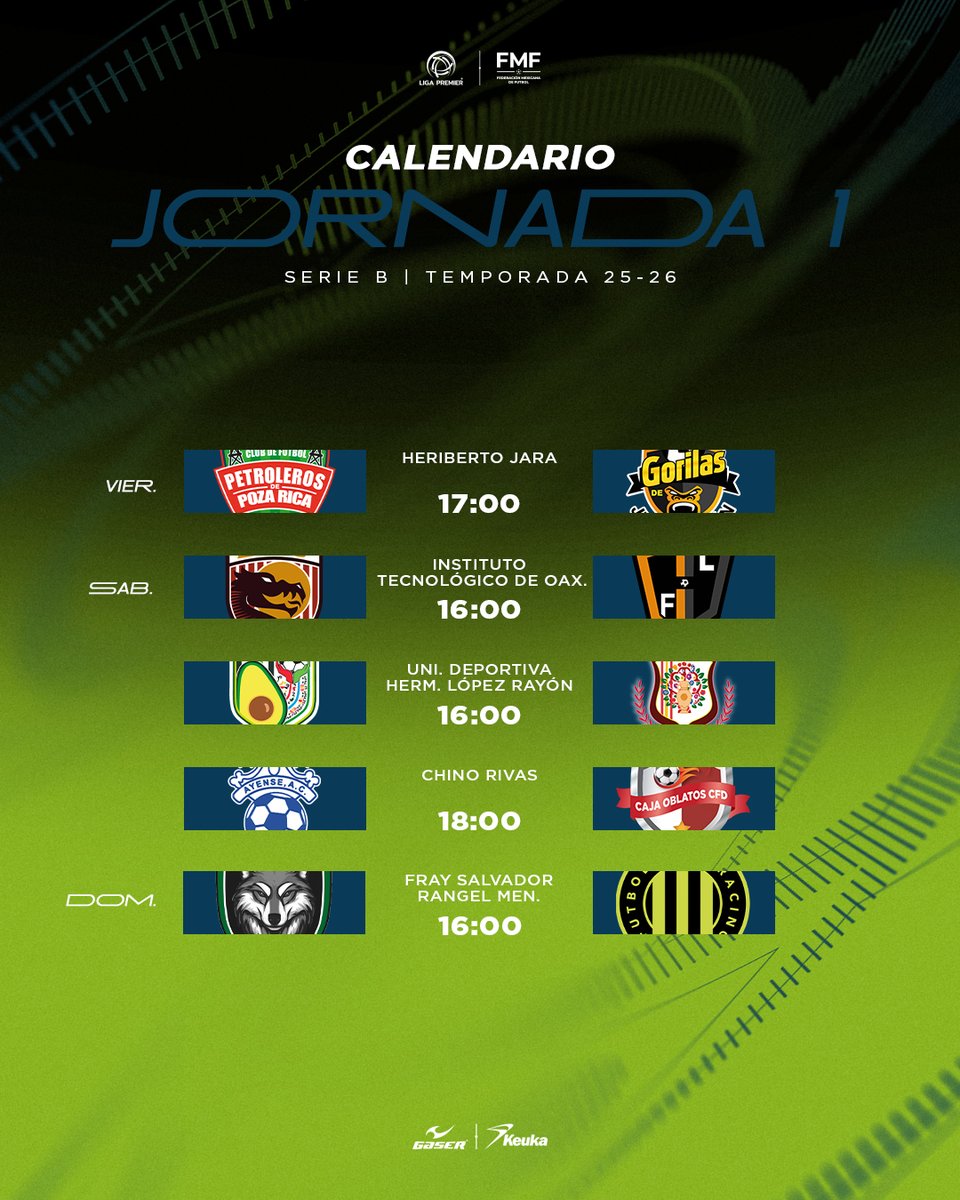 ¡Ya llegó, ya está, ya regresó….la LIGA PREMIER! 🤩😱

Por fin estamos de vuelta y este es la jornada 1 para la Serie A y Serie B 😏

¿Cuáles son sus predicciones? 👀

#LigaPremierFMF
#ElFutbolEsVerdadero
#ElFutbolEsVerdadero