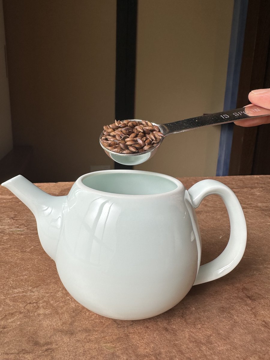 これ知ってます？急須で淹れるむぎ茶
急須やティーポットに20g（大さじ2杯）のむぎ茶を入れて、熱湯300mlを注ぎ、待つこと30分。タオルなどでくるんで保温します。
3煎目以降は20分。7煎いけます😍
ほんのり甘くて香ばしい、ほっとする味わい。クーラーで冷えた体に染み渡ります。