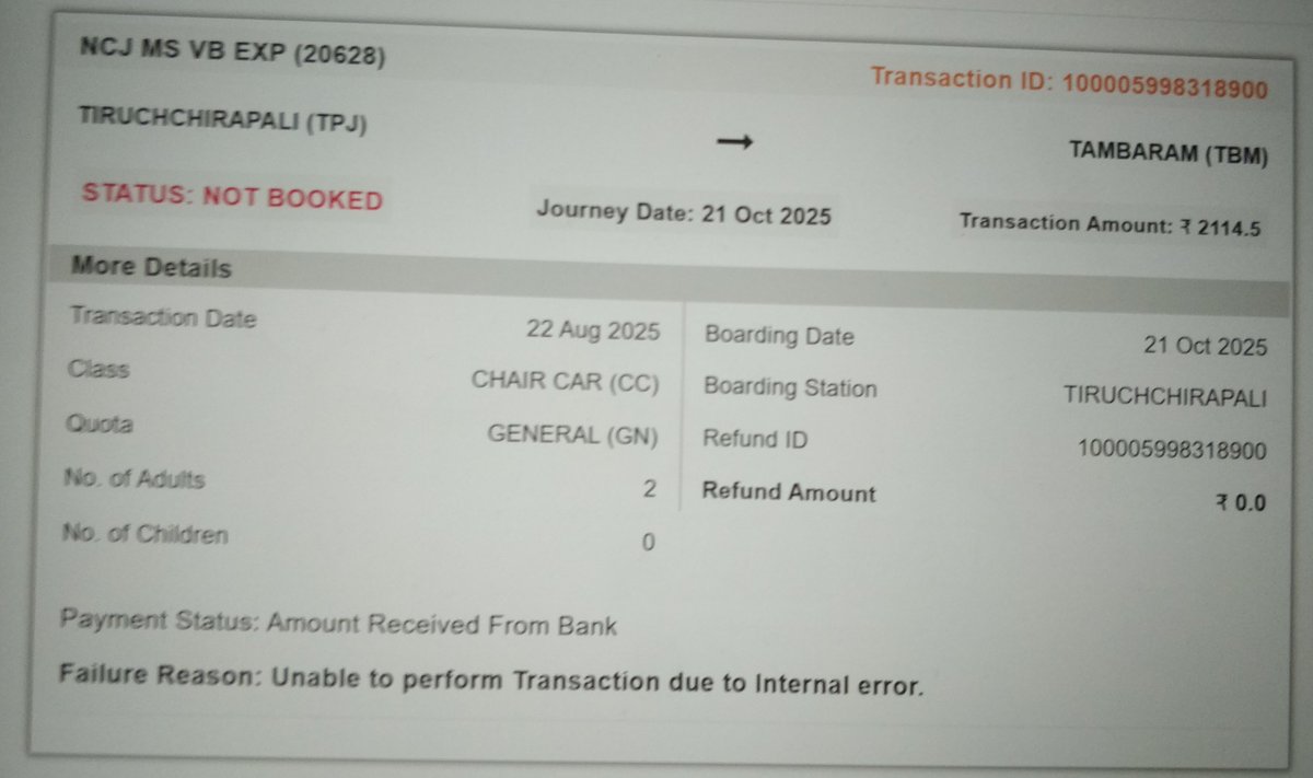 gowthams03's tweet photo. Worst IRCTC booking experience ever. Tried booking ticket for diwali and getting these messages after doing every step correctly.
Payment status: Amount received from bank. 
Failure reason: Unable to perform transaction due to internal error.
Note:Travellers are Aadhaar verified. https://t.co/2rgFV7F2bk